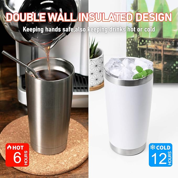 COMOOO 20oz Tumbler with Straw Stainless Steel Insulated Coffee Tumbler Cups Double Wall Vacuum Travel Coffee Mug with Splash Proof Sliding Lid for Hot Cold Drinks (Mix Color,12 Pack)