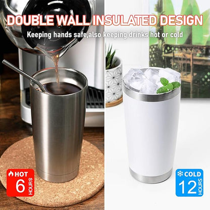 COMOOO 20oz White Tumbler Double Wall Vacuum Insulated Travel Mug Stainless Steel Coffee Mug with Lid and Straw Durable Powder Coated Insulated Coffee Cup for Cold & Hot Drinks (White,12 pack
