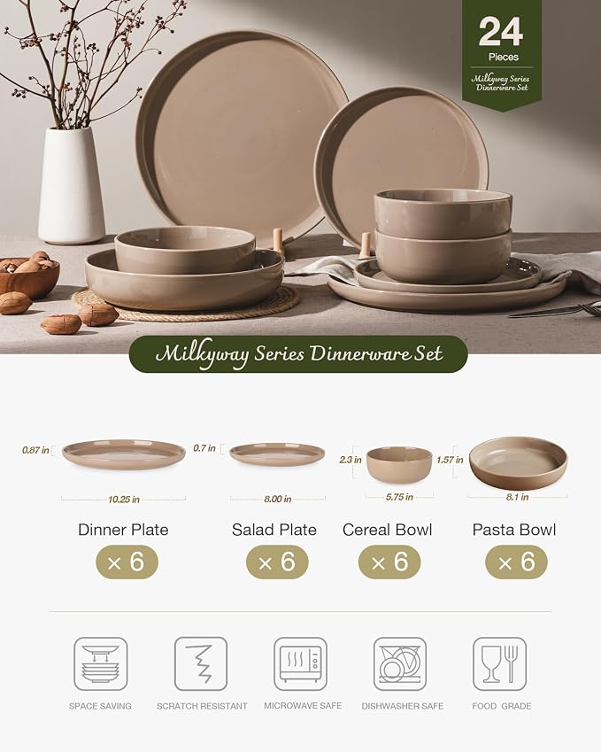 Famiware Milkyway 24-Piece Stoneware Plates and Bowls, Cinnamon Brown | - Image 2