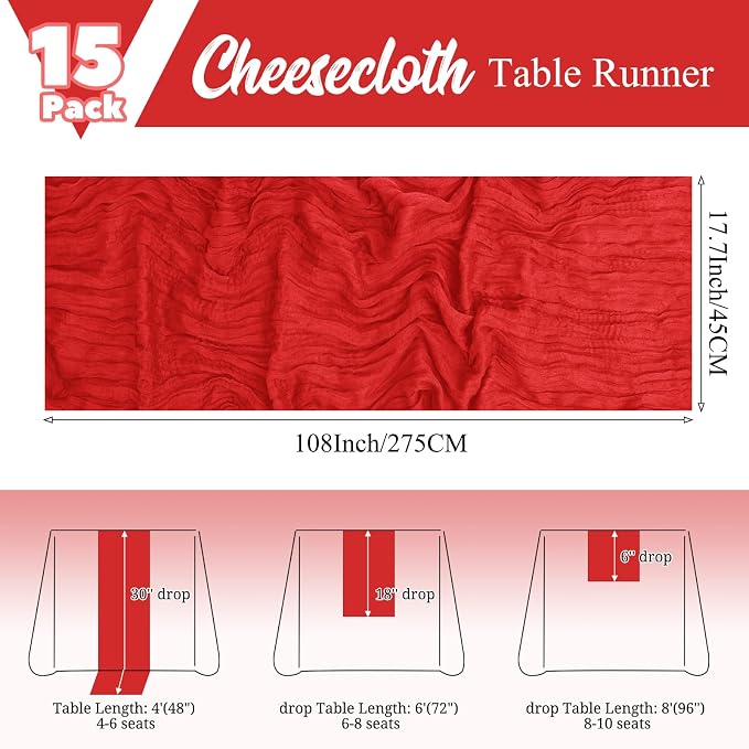 15 Pack Red Table Runner 17 x 108inch Cheesecloth Table Runner Boho Gauze Table - Image 2