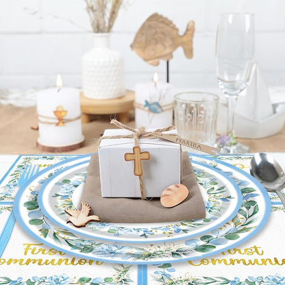 96 Pieces First Communion Floral Tableware Set – Blue Floral Cross Disposable - Image 7