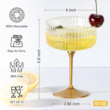 XUWAIDSGN 24 Pcs Champagne Martini Glasses 9 Oz with Gilded Removable Gold Rim Coupe Glasses Pink Martini Glasses Plastic Mimosa Vintage Coupe Glasses Set For Wedding Anniversary (24, Ribbed Gold)