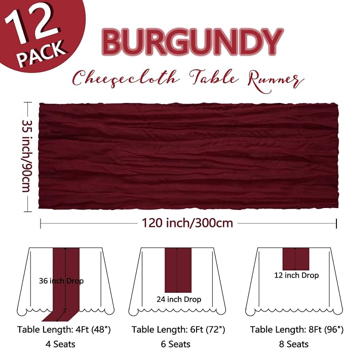 12 Pack Burgundy Cheesecloth Table Runner 10Ft Gauze Red Cheese Cloth Runner - Image 2