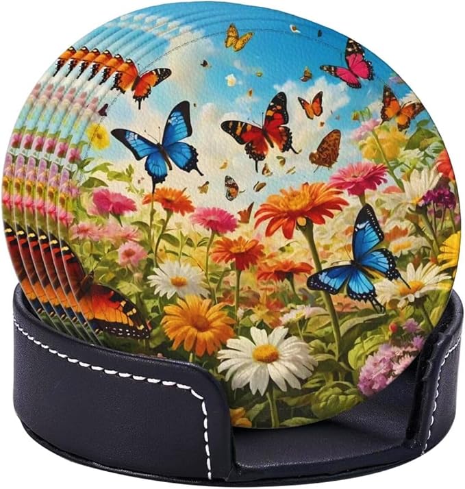 Drink Coasters with Holder Stand Set of 6, Bright Flower Butterfly Pu Leather - Image 2
