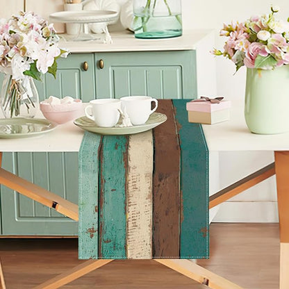 Vintage Farmhouse Wood Texture Dining Table Runner, Retro Rustic Teal | Brown - Image 5
