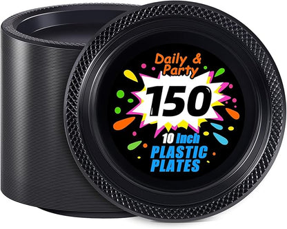 WELLIFE Black Plastic Plates 10 Inch -150 Count for Party, Plastic Disposable Dinner Plates for Easter Picnic BBQ
