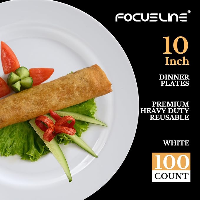 FOCUSLINE 100 Count White Plastic Plates 10 Inch, Disposable Heavy Duty Dinner - Image 2