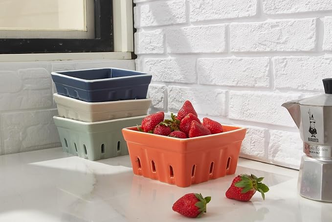 ONEMORE Ceramic Berry Basket, Square Fruit Bowls, Rustic Stoneware Berry - Image 6