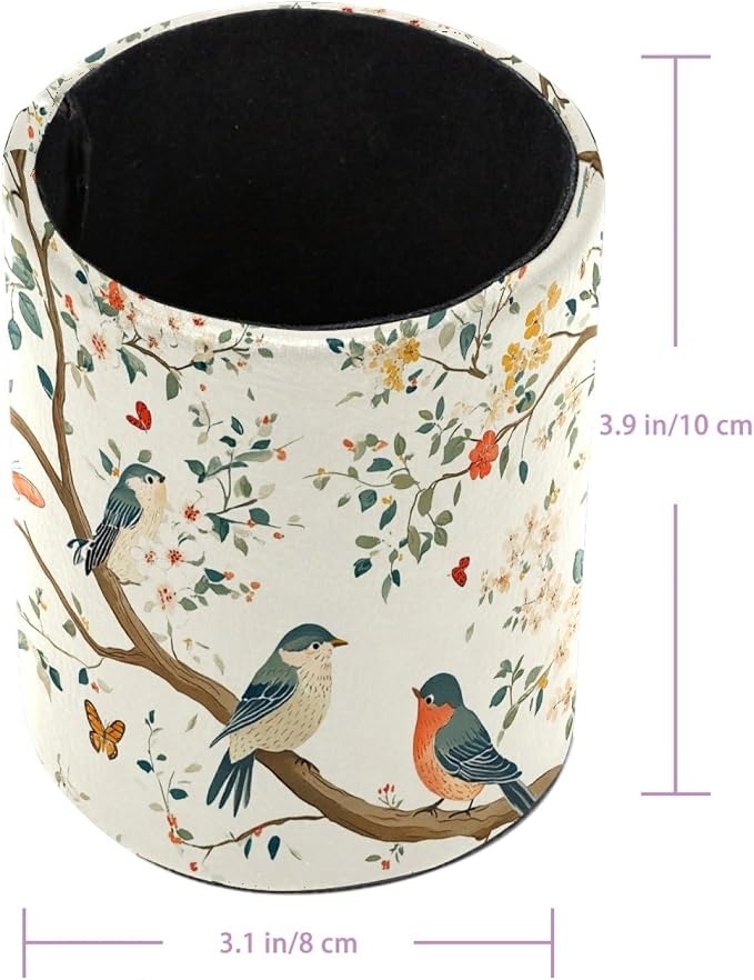 Leather Pen Holder for Desk, Birds Branches Butterflies Pencil Cup Pen - Image 3