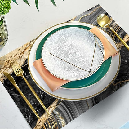 Mcalk Black Marble Table Runner and Placemats Set of 6 Pieces, Gold Marble Placemats, Modern Cloth Place Mats Indoor for Kitchen,Washable Linen Material for Dining Table