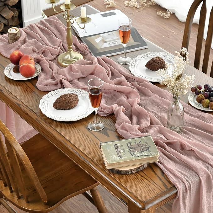 Artoid Mode Boho Cheesecloth Gauze Dusty Pink Wedding Table Runner, 160 Inch - Image 2