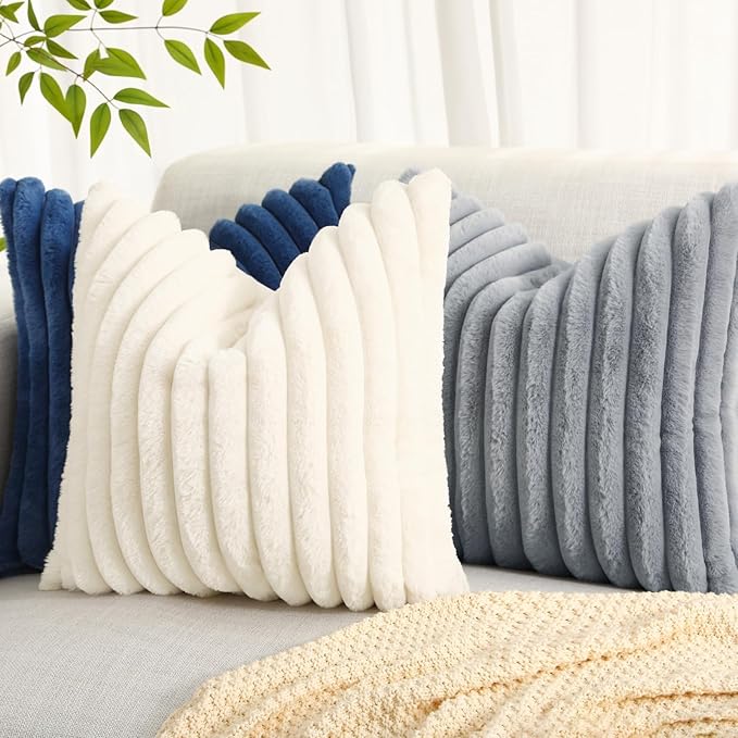 decorUhome Cozy Faux Fur Spring Throw Pillow Covers 20x20 Set of 2 Decorative Soft Plush Striped Modern Farmhouse Boho Couch Pillow Cases with Velvet Back for Sofa Bed Living Room, Grey