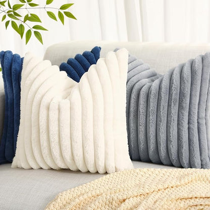 decorUhome Cozy Faux Fur Spring Throw Pillow Covers 20x20 Set of 2 Decorative Soft Plush Striped Modern Farmhouse Boho Couch Pillow Cases with Velvet Back for Sofa Bed Living Room, Grey