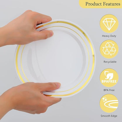 50 PCS Gold and White Plastic Plates for 50 Guests,10.25inch Gold Rimmed White Disposable Plastic Plates for Wedding,Party,Birthday,Smooth Edge & Heavy Duty Dinner Plate