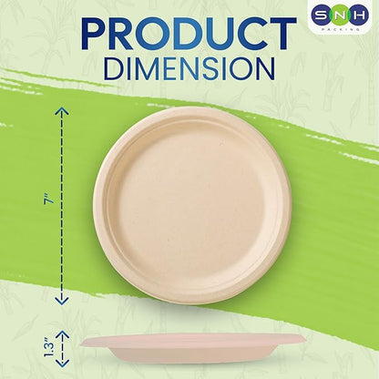 SNH Packing 100% Compostable Plates 7 Inch [125-Pack], Heavy Duty Dinner Paper Plates, Eco-Friendly Biodegradable Sugarcane Bagasse, Natural Brown Disposable Plates for Dessert, Party, BBQ & Picnic