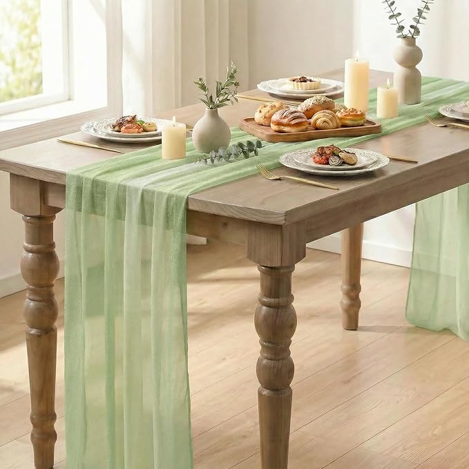 Artoid Mode Boho Green Stripes Spring Chiffon Table Runner 120 Inches 10FT - Image 5