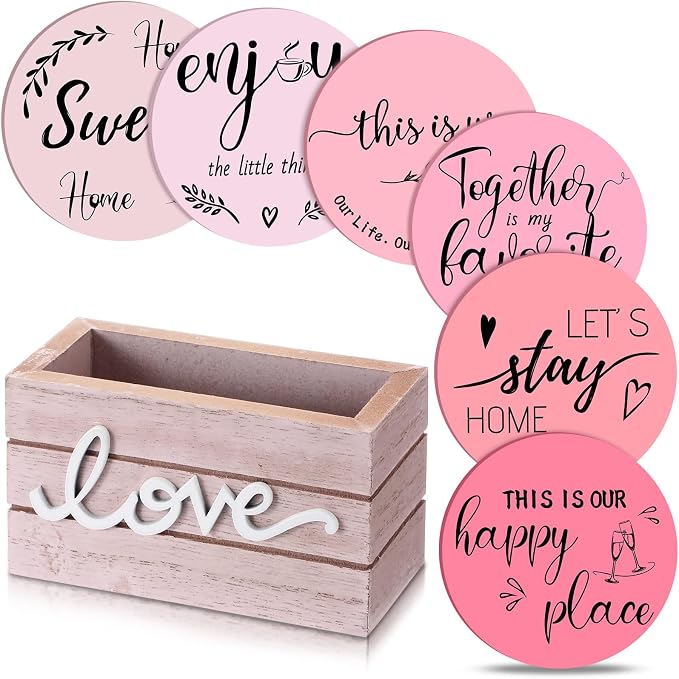 Queekay Coasters Set of 6 House Warming Gifts New Home Wooden Farmhouse Drink by Queekay