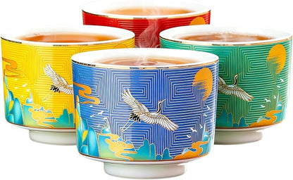 Chinese Tea Cups Set of 4, Crane Pattern Enamel Ceramic Cup, 4.3 oz | Handleless - Image 6