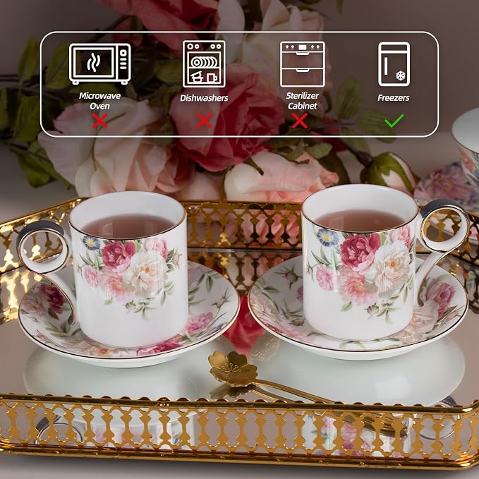 KAMMAK Tea Cups and Saucers Set of 2, Porcelain Coffee Cups, JBE014 | Stackable - Image 3