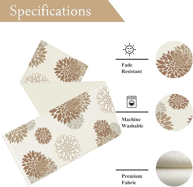 Coffee Brown Dahlia Table Runner Modern Elegant Flower Beige Table Runners - Image 5