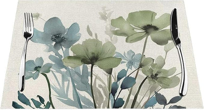 Spring Floral Placemats 12x18 Inches Set of 4,Watercolor Blue Green Flower Decorative Rectangle Summer Decor Floral Decoration Table Mats for Party, Home Kitchen,Dining Table Decoration