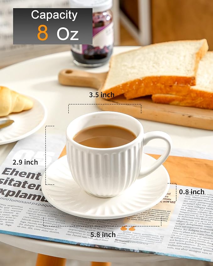 Hasense Ceramic Cappuccino Cups and Saucers - 8 Oz - Image 3