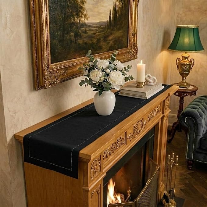 Signature Linen™ by D'Moksha Black Table Runner 60 Inches, 100% Pure Linen by DMokshaHomes