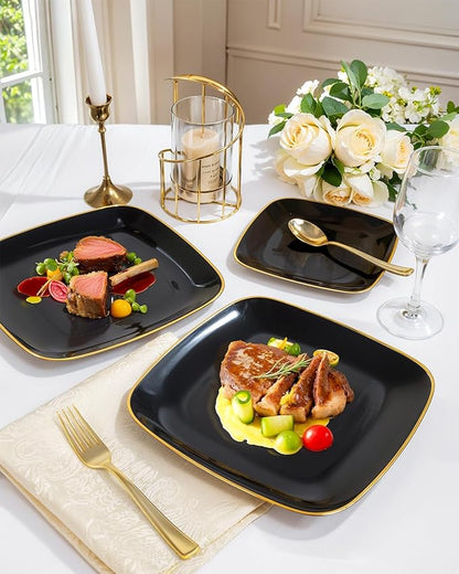 bUCLA 50PCS Black and Gold Plastic Plates - Square Black Gold Plastic Disposable - Include 25 Dinner & 25 Dessert Plates, Ideal for Party & New Year