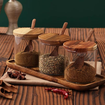 3 Pack 250ml / 8.5oz Clear Glass Spice Jar with Acacia Wooden Lid and Spoon, Classic Style, Kitchen Storage Container, 3.2 inches (diameter) x 3.5 inches (height)