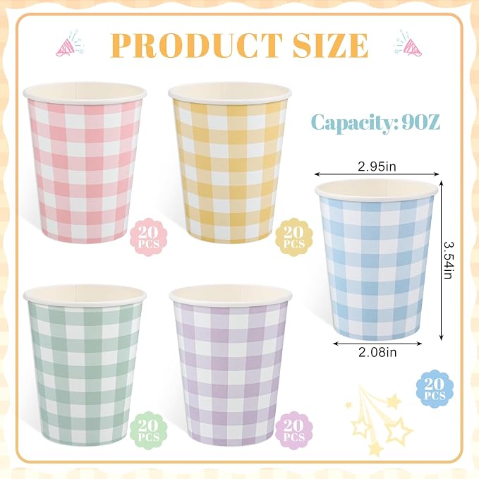 NatNarr 100 Pack Gingham Paper Cups, 9oz Pastel Cups Picnic Paper Cups | Pastel - Image 2