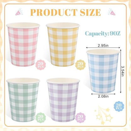 NatNarr 100 Pack Gingham Paper Cups, 9oz Pastel Cups Picnic Paper Cups | Pastel - Image 2