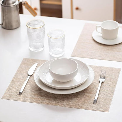 LEXMORE Placemats Set of 12 Vinyl/Plastic Woven Place Mats for Kitchen Table Indoor/Outdoor Washable Placemat Wipeable Dining Table Mats(A-Beige)