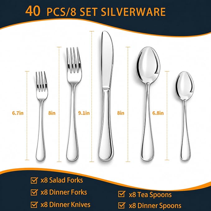 NICE KITCHEN Silverware Set, 40 Piece Stainless Steel Cutlery Sets - Image 5