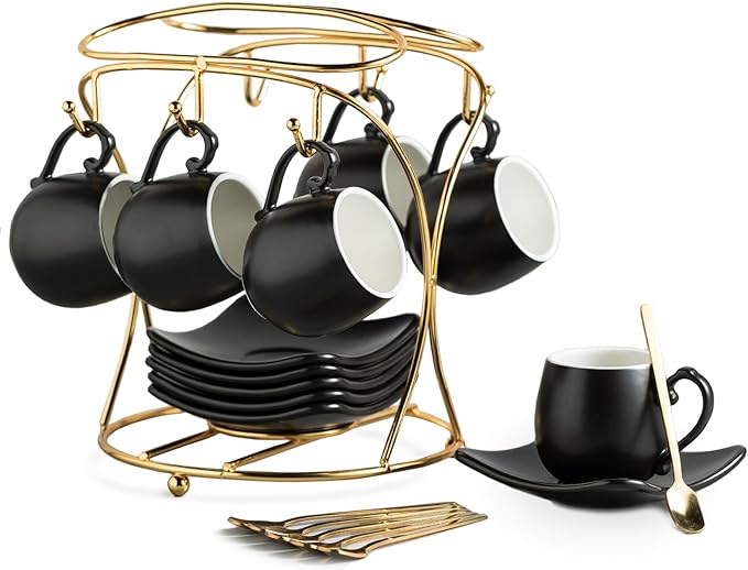 LYEOBOH Espresso Cups with Saucers Set, 3 Ounces Porcelain Coffee Cups with by LYEOBOH