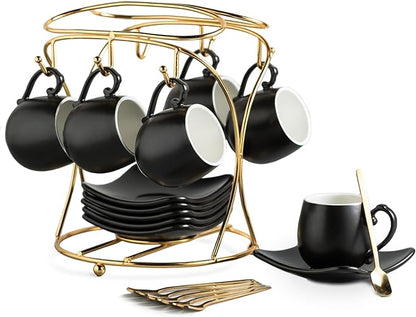 LYEOBOH Espresso Cups with Saucers Set, 3 Ounces Porcelain Coffee Cups with by LYEOBOH