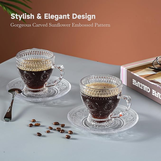 Glass Teacups and Saucers Set of 6, Vintage Coffee Mugs - Image 3