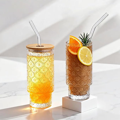 Vintage Glass Cups With Bamboo Lids And Straws 16 Oz, Vintage Tumbler Embossed - Image 6