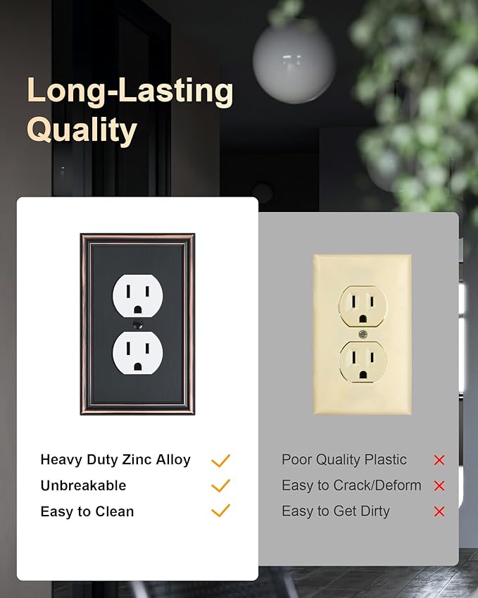 2-Pack Single Duplex Outlet Cover Plate, Decorative Aged Bronze Switch Plates and Outlet Covers, Metal Wall Plates for Electrical Outlets, 1 Gang Receptacle Cover, Corrosion Resistant