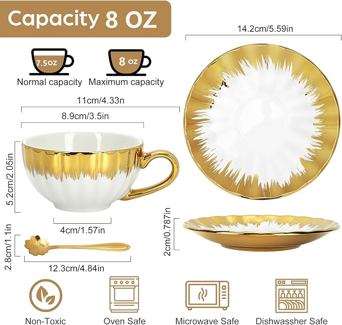 Cappuccino Cups with Saucers and Sakura Spoons, 8 oz Ceramic Espresso Cup Set - Image 2