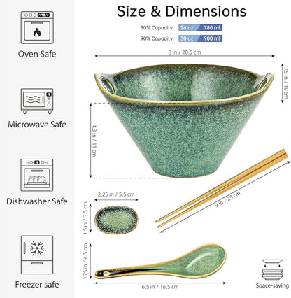 HENXFEN LEAD Japanese Ramen Noodle Bowl Set of 2-30 Oz Large Porcelain Salad Bowls with Chopsticks, Soup Spoons and Rests, Kitchen Serving Dishes for Pho, Udon