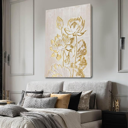 YJYart Plant Canvas Wall Art Flower Wall Decor Gold Wall Decorations 24"x36" Office Art Posters Oil Painting for Bedroom Kitchen