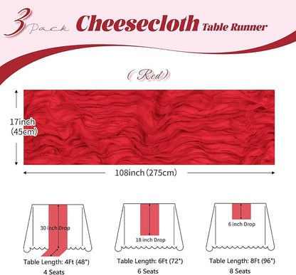 3 Pack Red Cheesecloth Table Runner, 17 x 108 inch, Semi Sheer Boho Cheese - Image 3