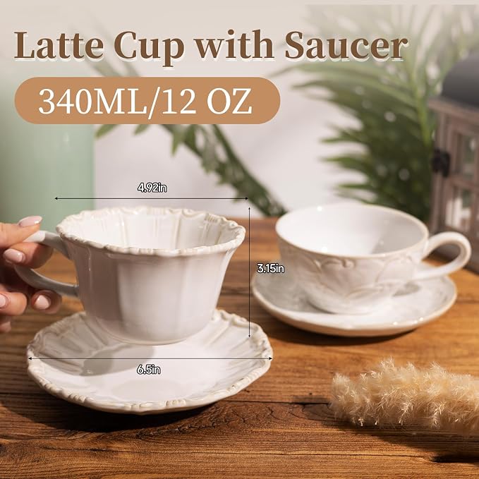 Ceramic Latte Cup with Saucer, 12 OZ Cappuccino Cup Vintage Cafe Art Cups - Image 3