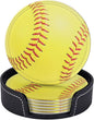 Softball Yellow Coasters for Drinks with Holder Round Leather Coasters Set of 6 Cups Mugs Mat Pad for Home Kitchen Bar