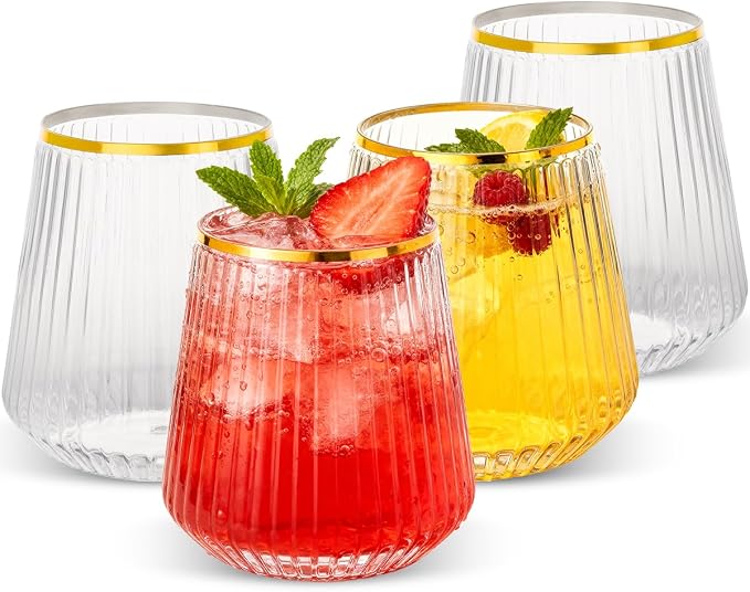 Goodluck 36 Pack 12oz Stemless Plastic Wine Glasses Clear Ribbed Gold Rim | by GoodLuck
