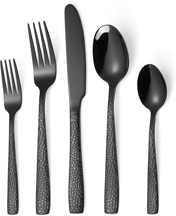 20 Piece Black Modern Flatware Set Hammered Silverware Set Stainless Steel Fine - Image 8