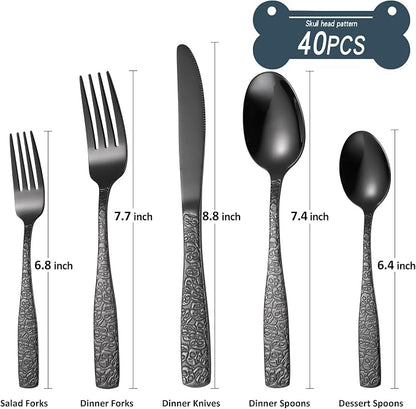 Skull Embossed Silverware Set for 8, OIULO 40-Piece Black Flatware set - Image 2
