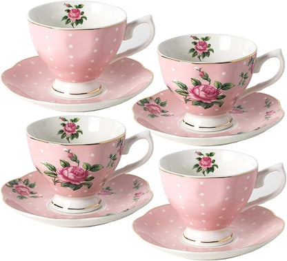 BTaT- Floral Tea Cups and Saucers, 8 oz, Fine Porcelain Teacup Set by BrewToATea