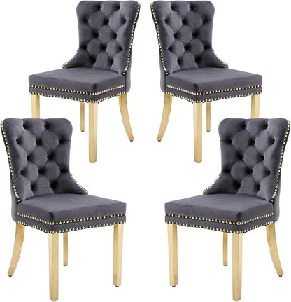 KCC Velvet Dining Chairs Set of 4, Upholstered High-end Tufted Dining Chair with Nailhead Back Ring Pull Trim Stainless Steel Legs, Contemporary Nikki Collection Modern Style for Kitchen, Dark Gray