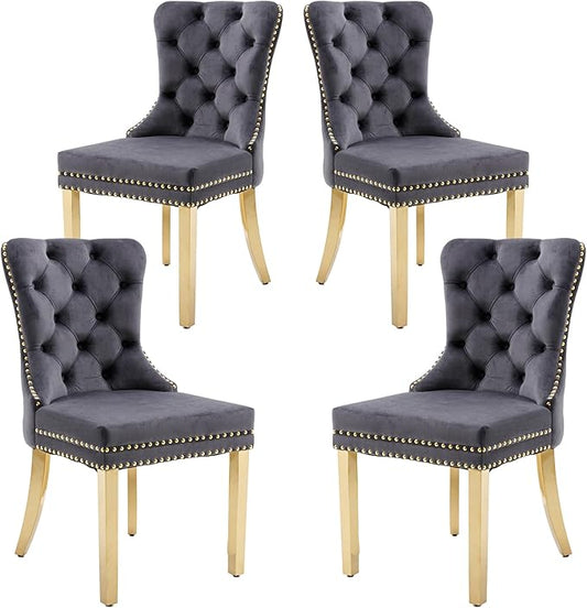 KCC Velvet Dining Chairs Set of 4, Upholstered High-end Tufted Dining Chair with Nailhead Back Ring Pull Trim Stainless Steel Legs, Contemporary Nikki Collection Modern Style for Kitchen, Dark Gray
